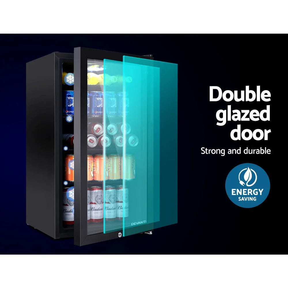 Glass 98l mini bar fridge with black door and internal shelf area