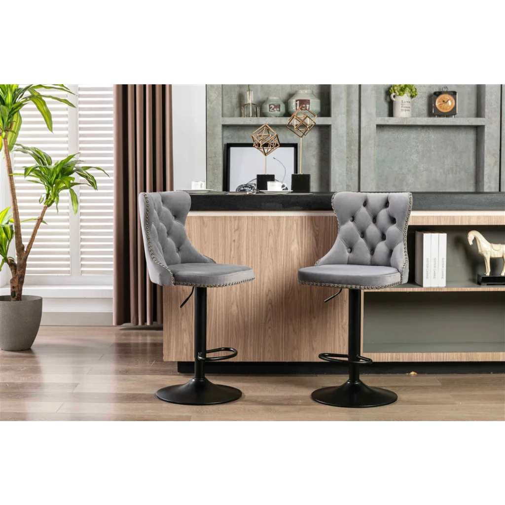 Bar Stool 4x Height Adjustable Swivel Velvet Nailhead