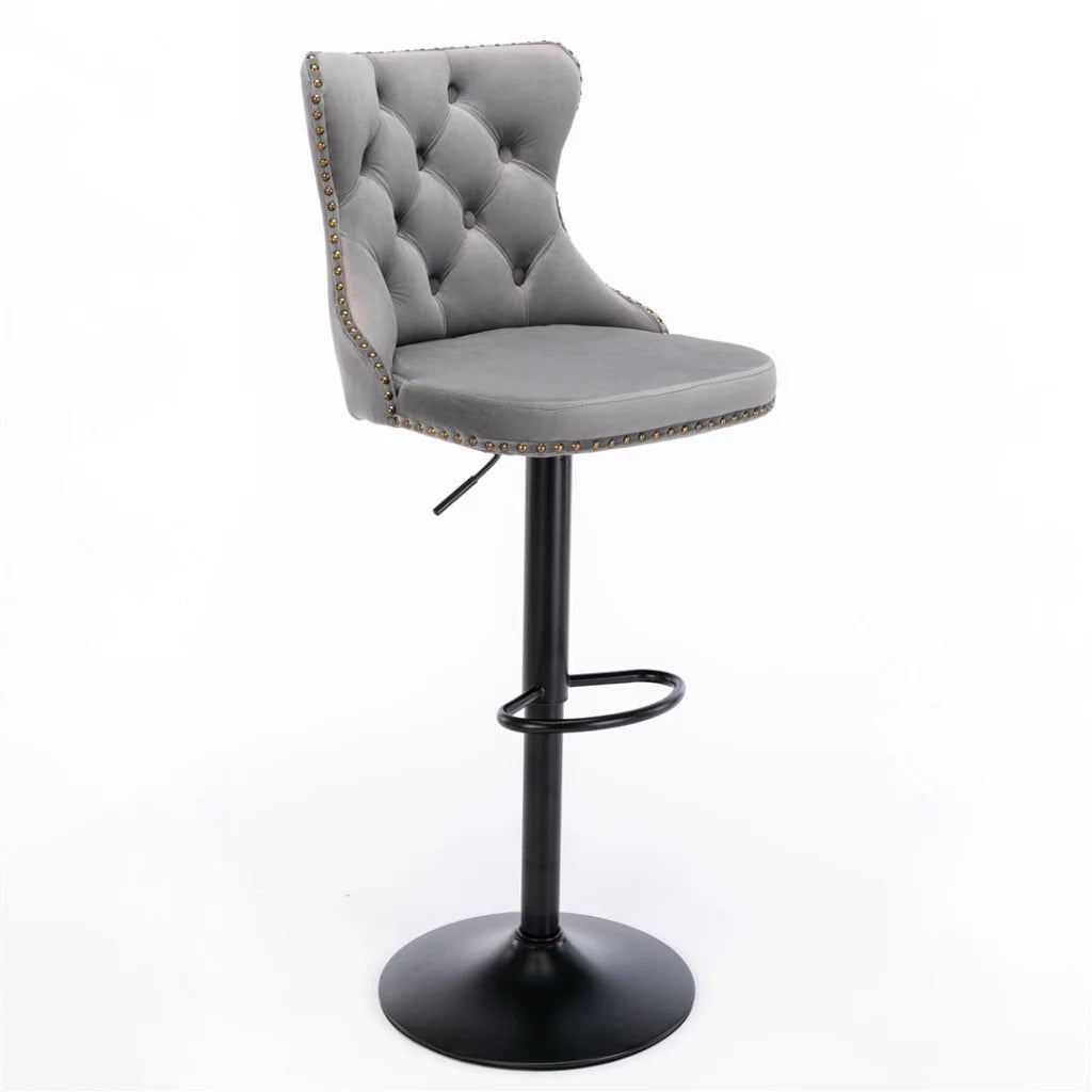 Bar Stool 4x Height Adjustable Swivel Velvet Nailhead