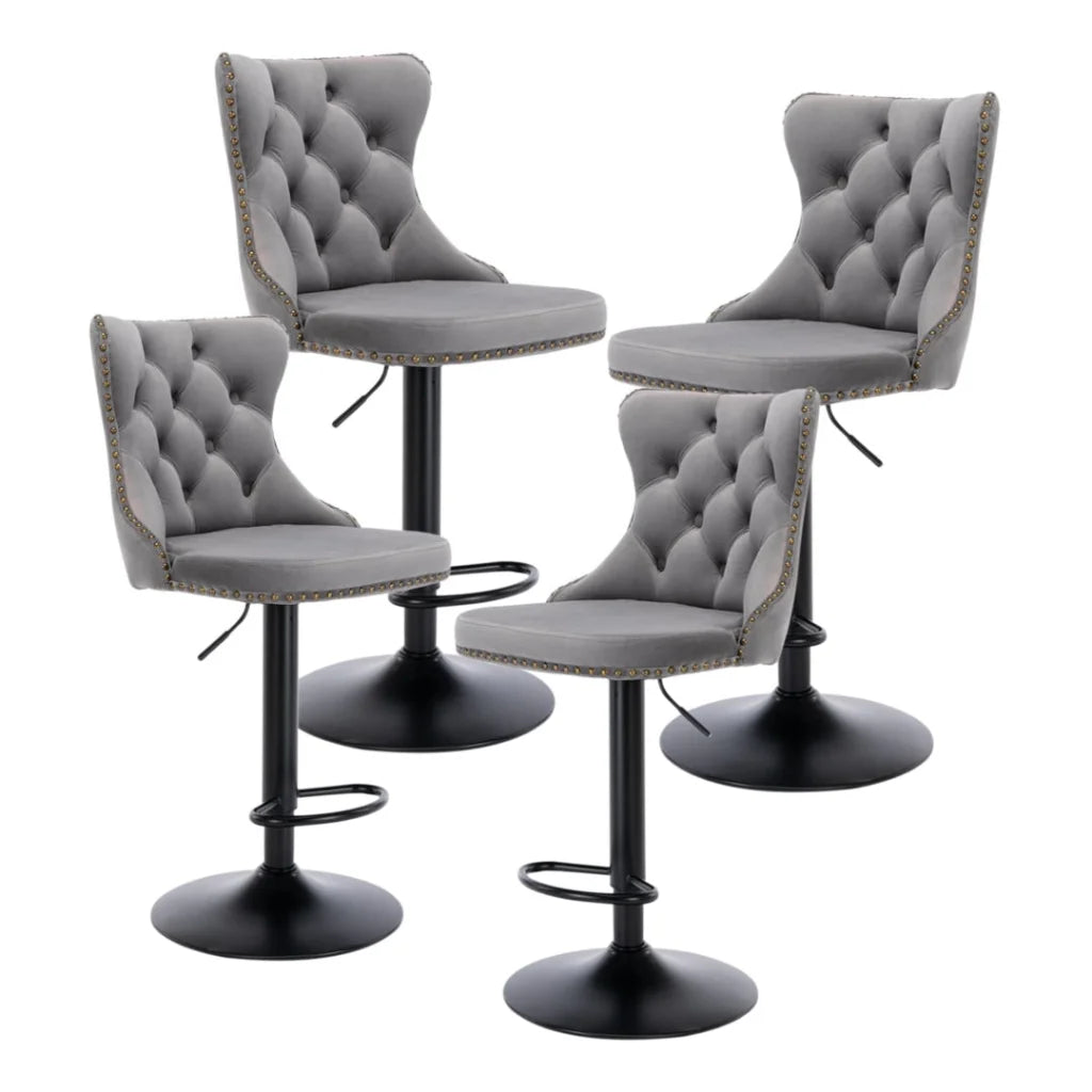 Bar Stool 4x Height Adjustable Swivel Velvet Nailhead