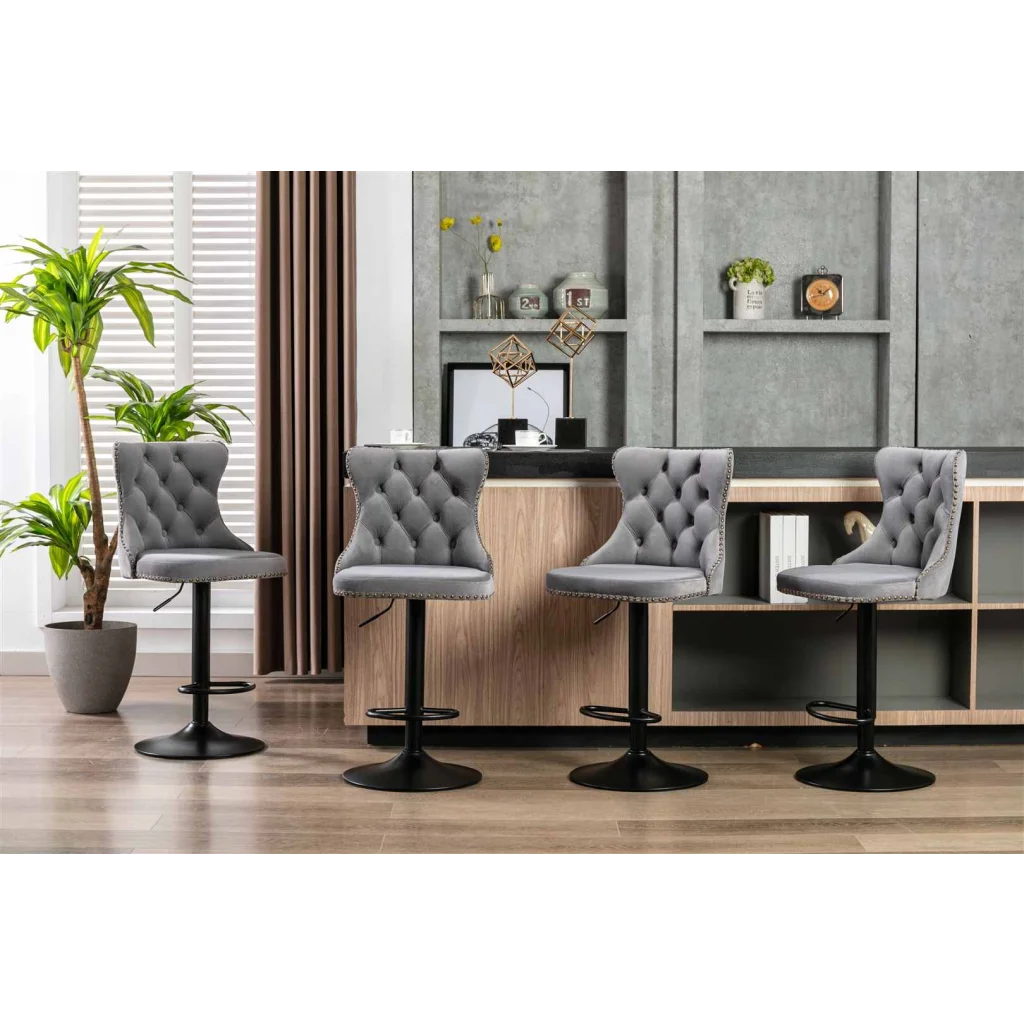 Bar Stool 4x Height Adjustable Swivel Velvet Nailhead