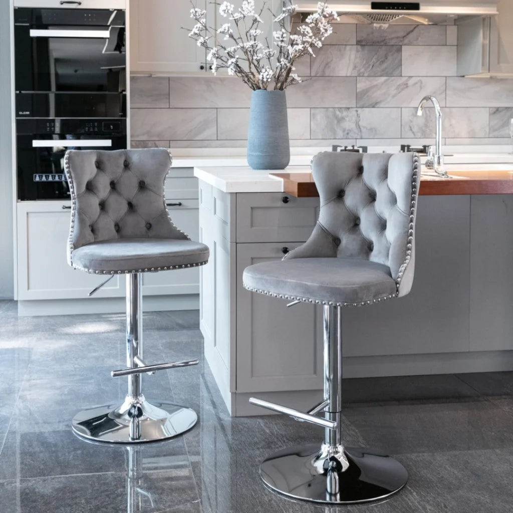 Bar Stool 4x Height Adjustable Swivel Velvet Stud Footrest