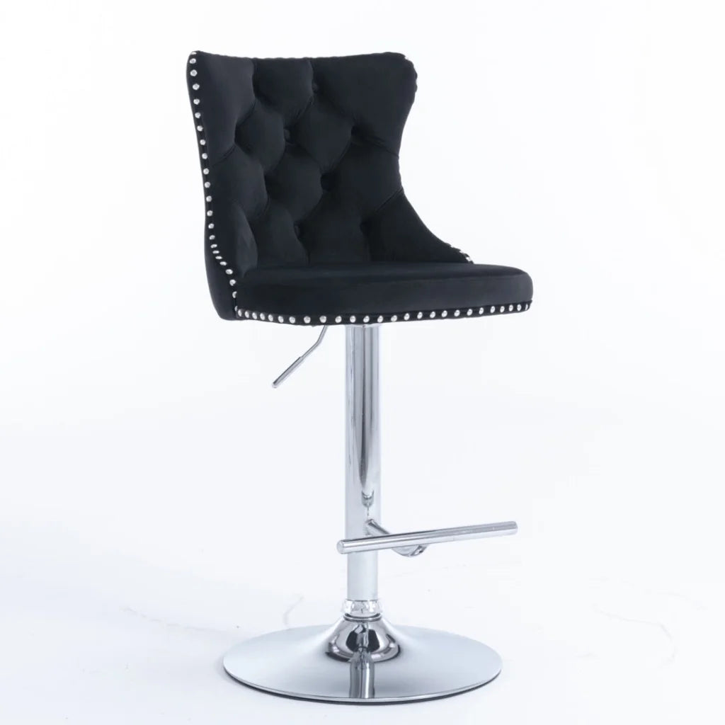 Bar Stool 4x Height Adjustable Swivel Velvet Studs Footrest