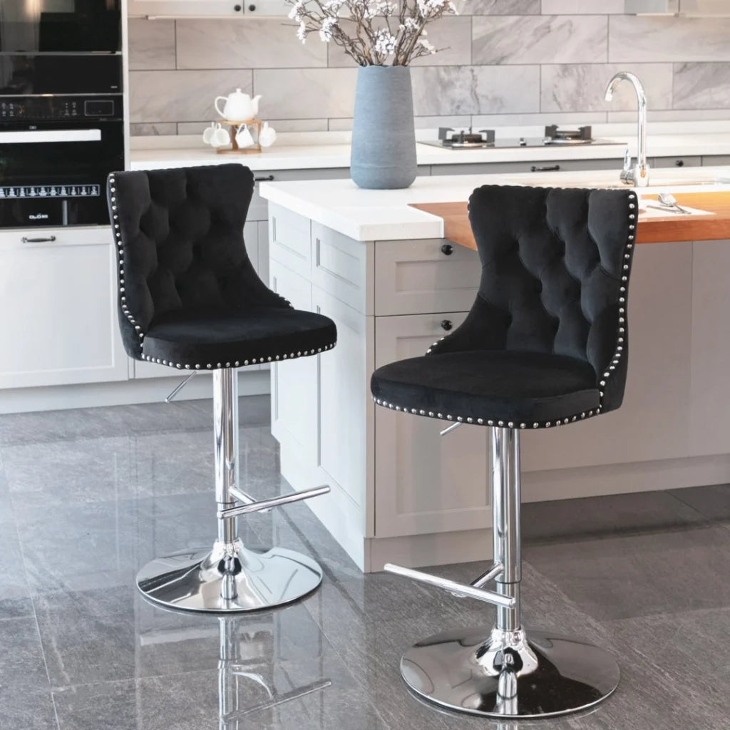 Bar Stool 4x Height Adjustable Swivel Velvet Studs Footrest