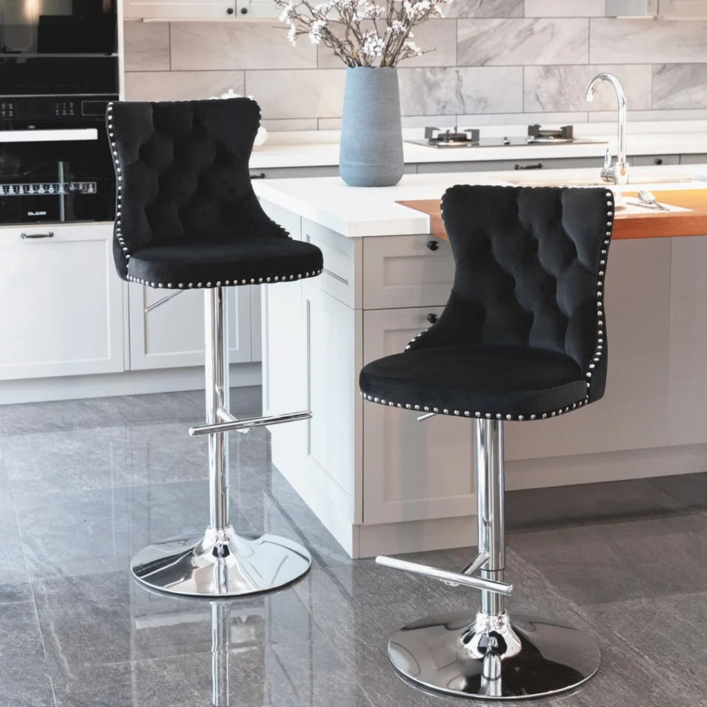 Bar Stool 4x Height Adjustable Swivel Velvet Studs Footrest