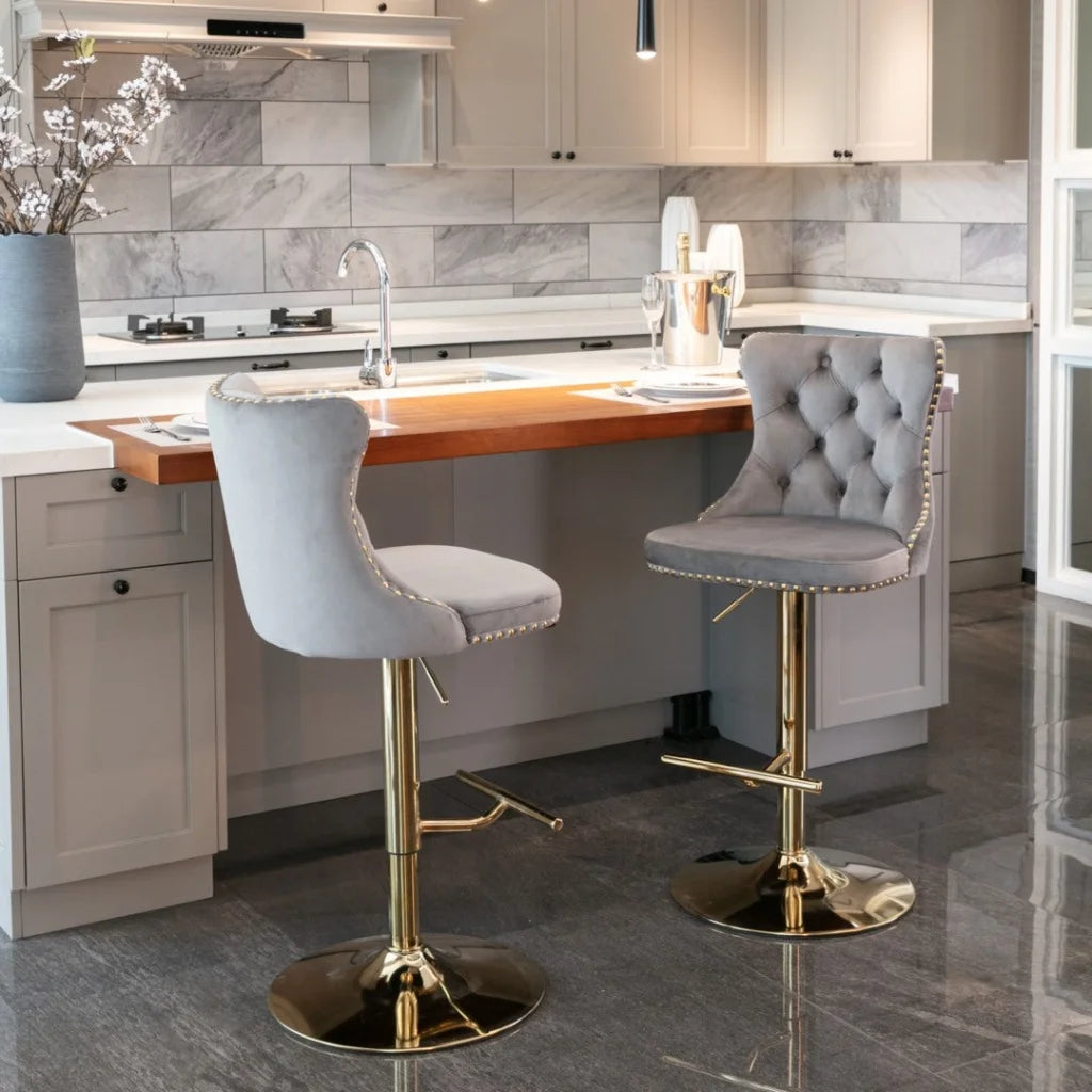 Bar Stool 4x Height Adjustable Swivel Velvet Studs Footrest