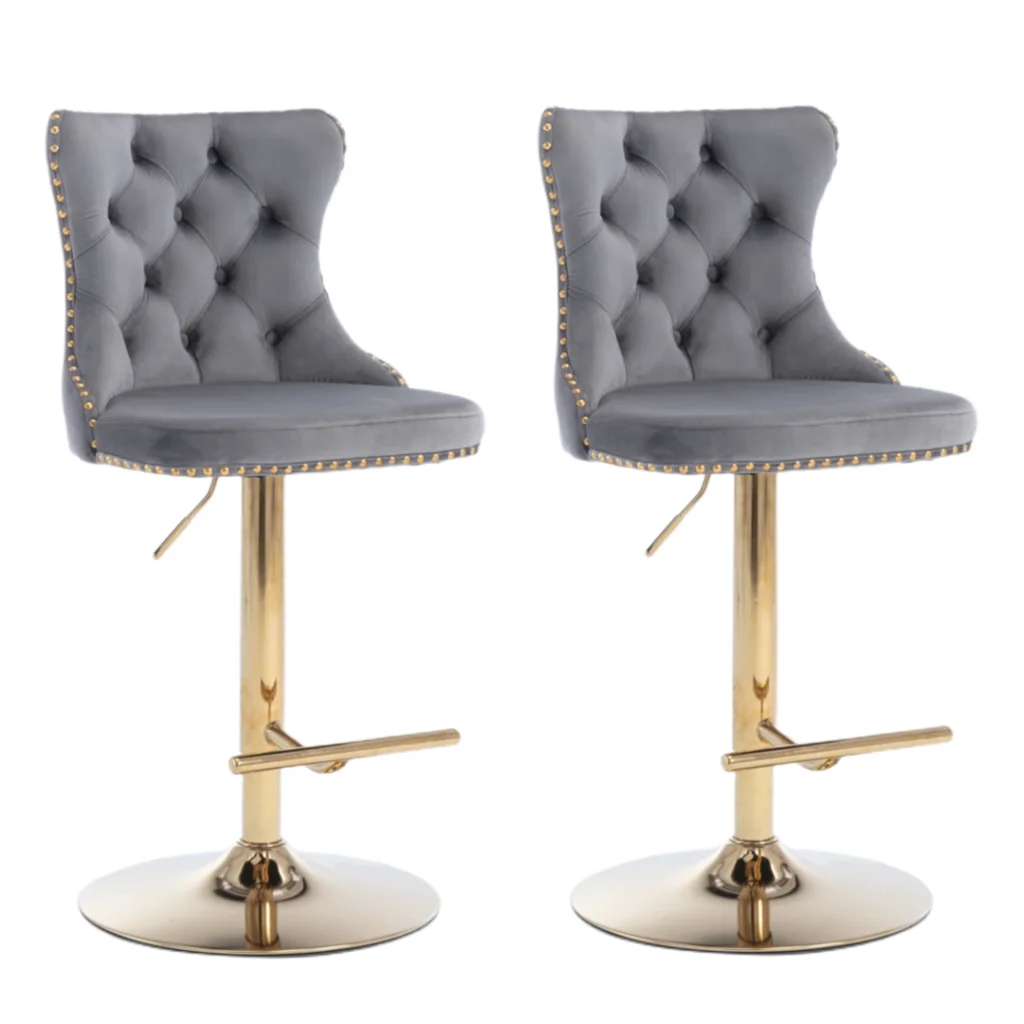 Bar Stool 4x Height Adjustable Swivel Velvet Studs Footrest