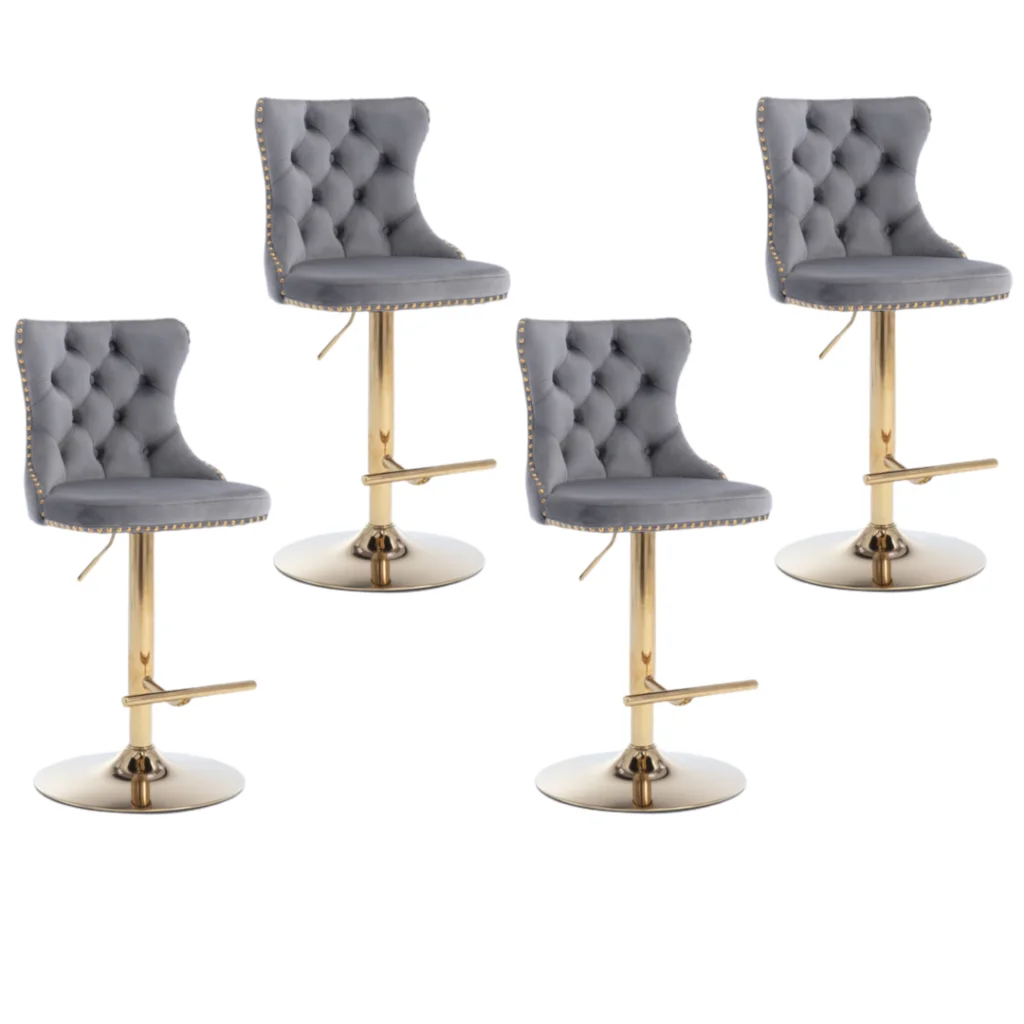 Bar Stool 4x Height Adjustable Swivel Velvet Studs Footrest