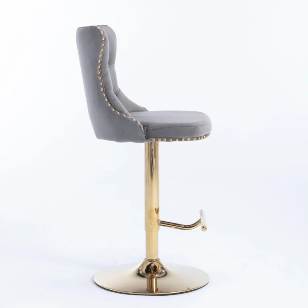 Bar Stool 4x Height Adjustable Swivel Velvet Studs Footrest