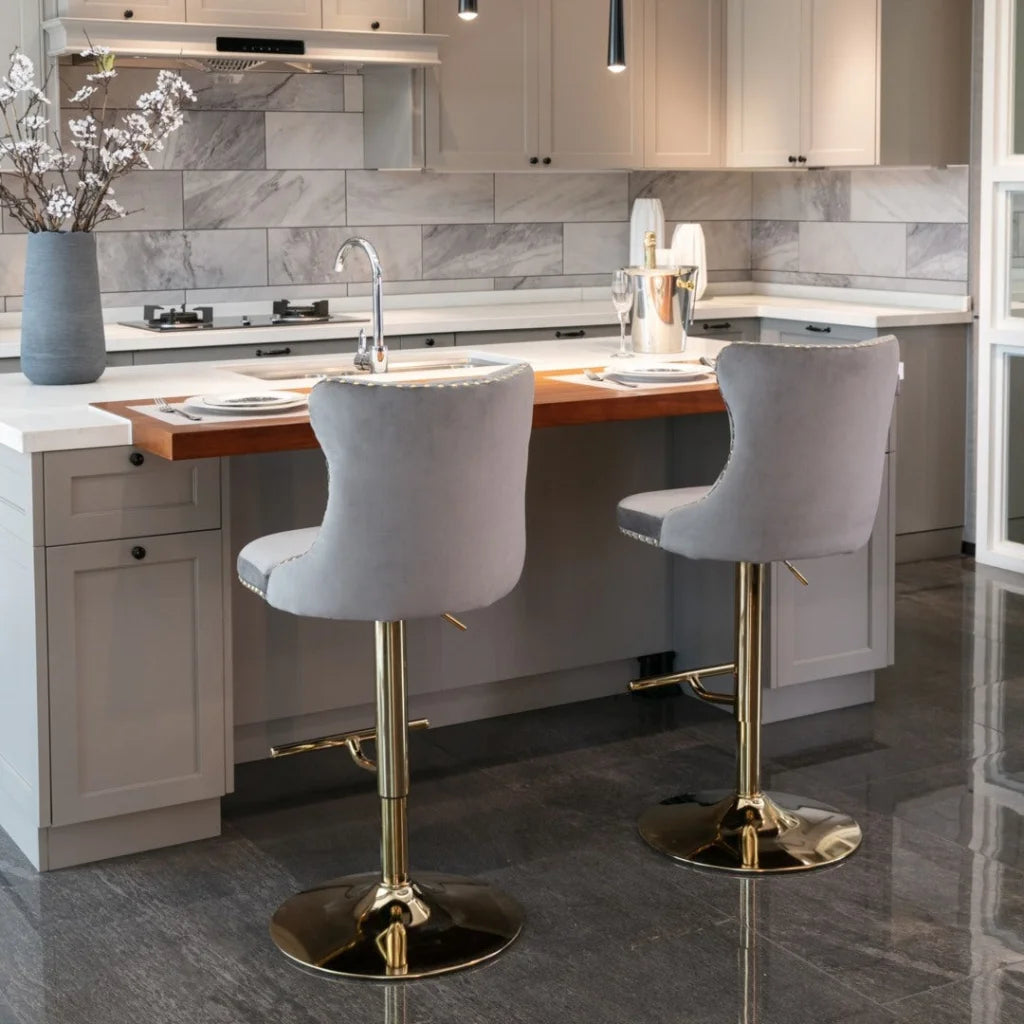 Bar Stool 4x Height Adjustable Swivel Velvet Studs Footrest