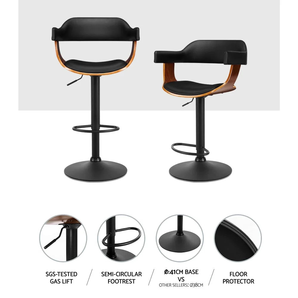 Bar Stool Curved Gas Lift PU Leather - Black and Wood - Bar