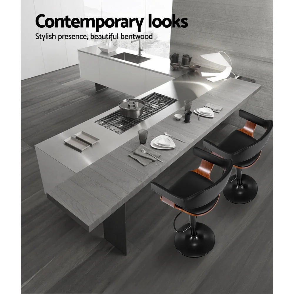 Bar Stool Curved Gas Lift PU Leather - Black and Wood - Bar