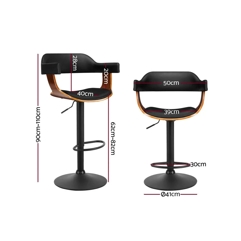 Bar Stool Curved Gas Lift PU Leather - Black and Wood - Bar