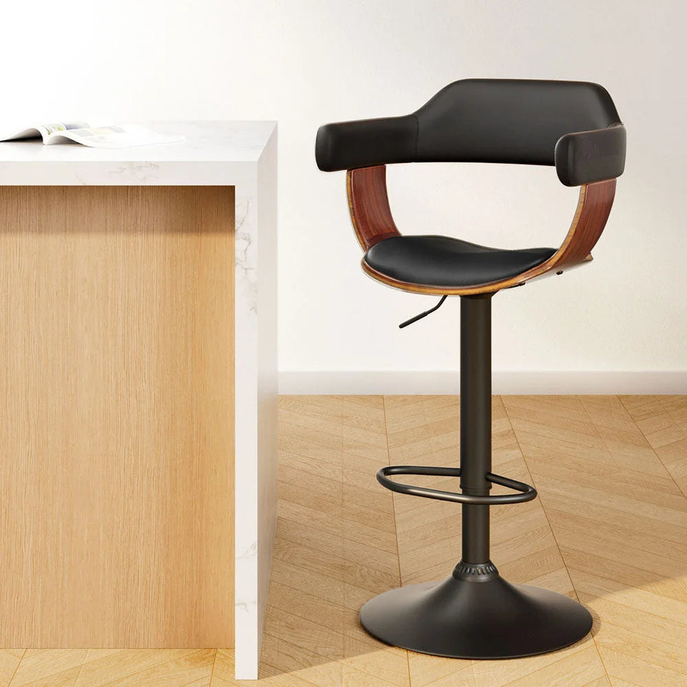 Bar Stool Curved Gas Lift PU Leather - Black and Wood - Bar
