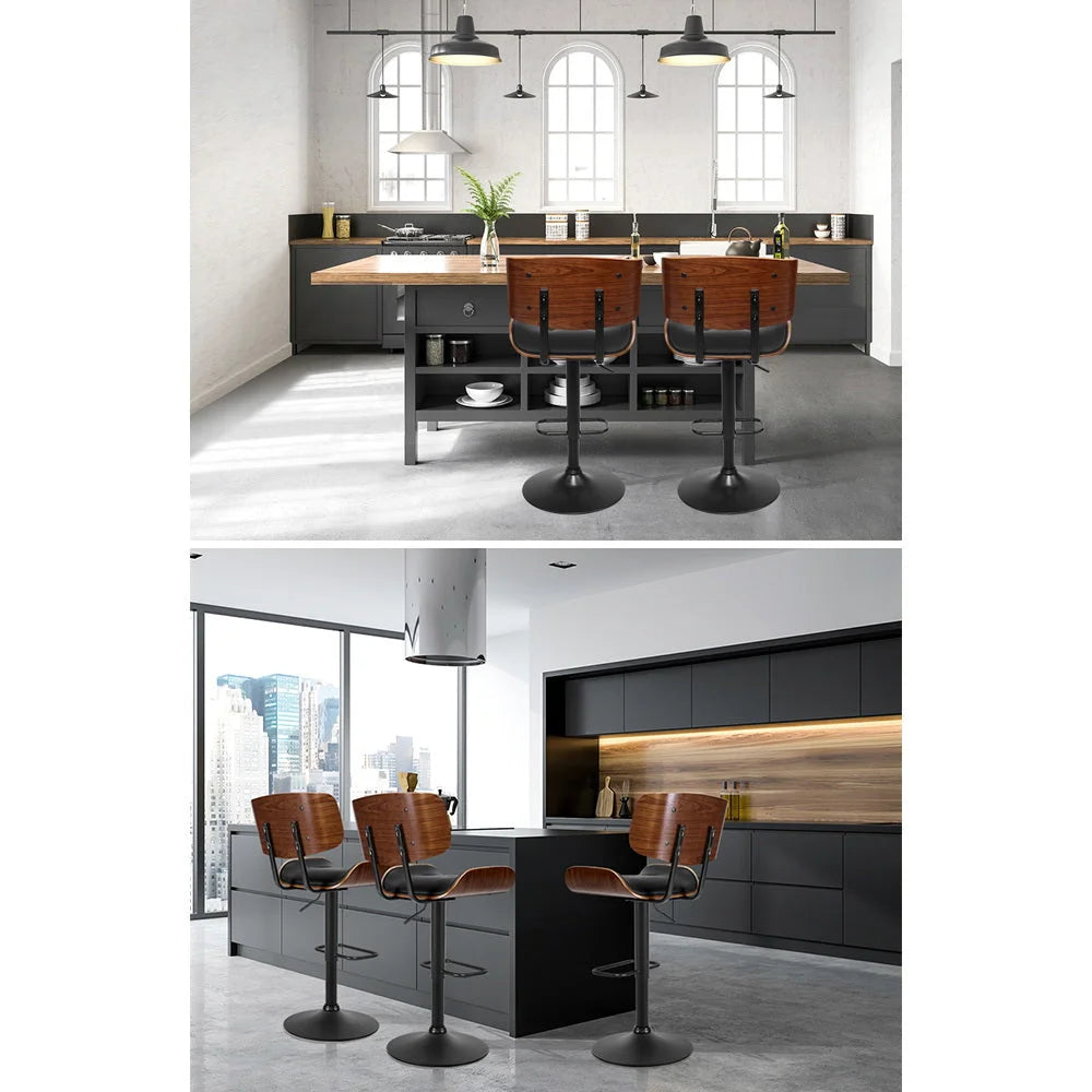Bar Stool Gas Lift Wooden PU Leather - Black and Wood - Bar