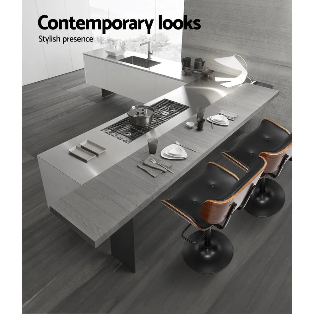 Bar Stool Gas Lift Wooden PU Leather - Black and Wood - Bar