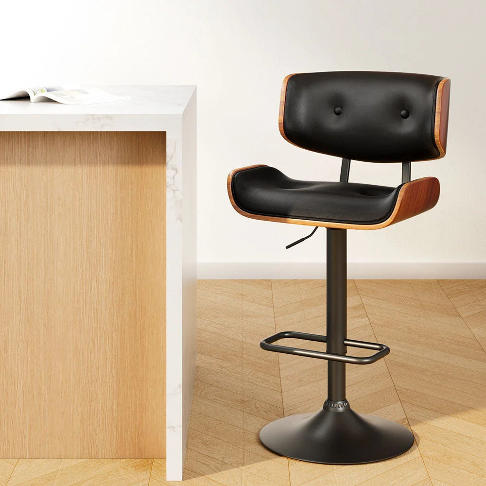 Bar Stool Gas Lift Wooden PU Leather - Black and Wood - Bar