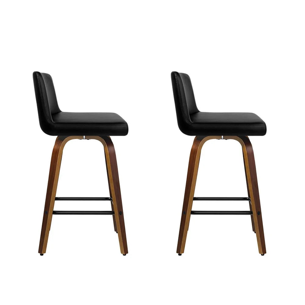 Bar Stool Set of 2 Wooden PU Leather - Black and Brown Wood
