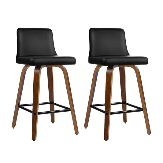 Bar Stool Set of 2 Wooden PU Leather - Black and Brown Wood