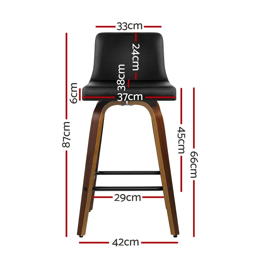 Bar Stool Set of 2 Wooden PU Leather - Black and Brown Wood