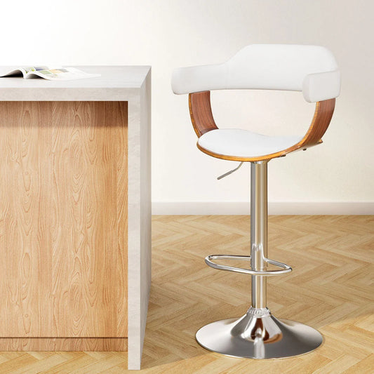 Bar Stool Wooden PU Leather - White and Chrome - Bar Stools