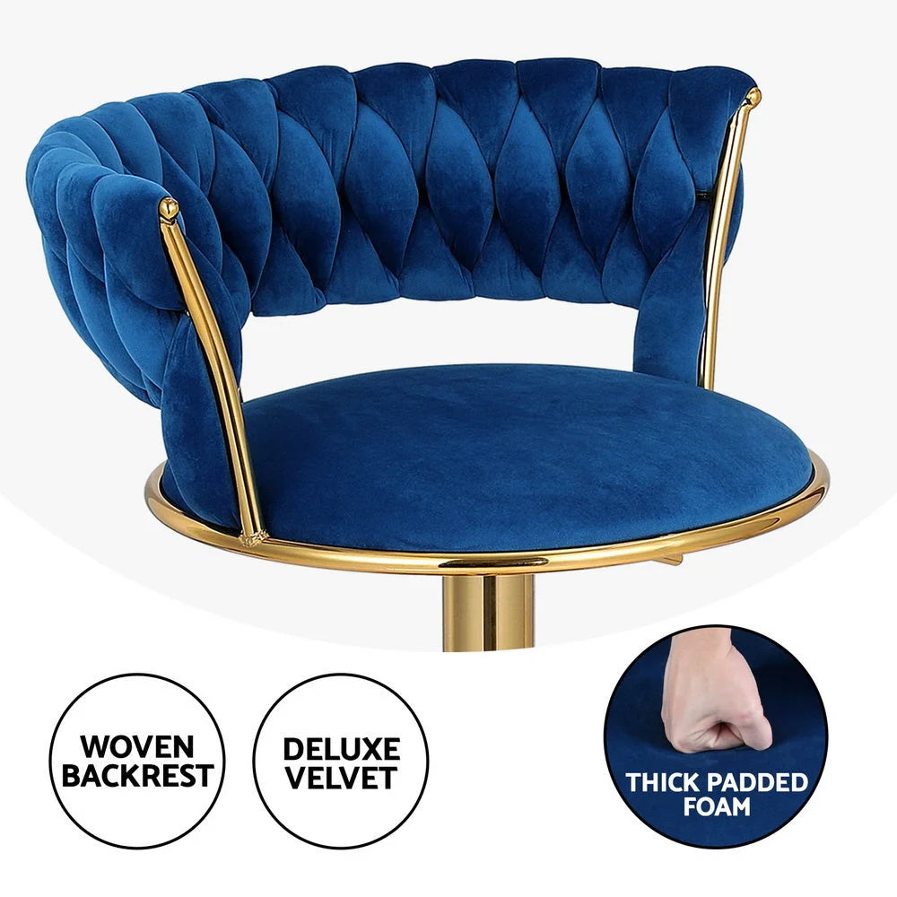 Bar Stools 2X Gas Lift Velvet Woven Backrest - Navy