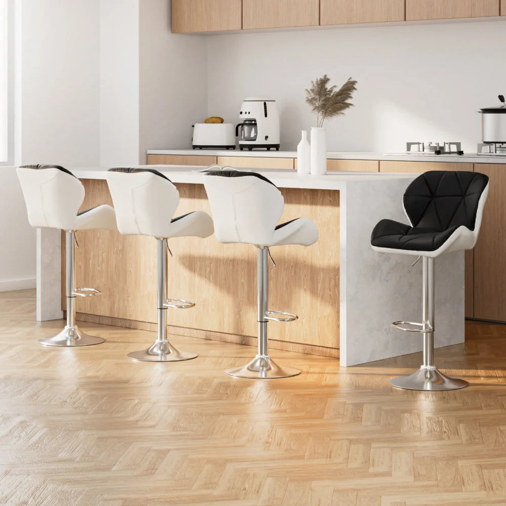 Bar Stools 4X Gas Lift Padded Leather - Black & White