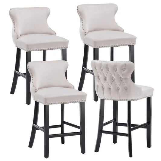 Bar Stools 4x Velvet Upholstered Button Tufted Wood Legs