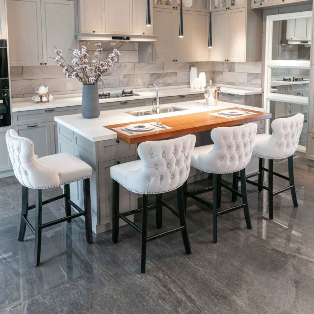 Bar Stools 4x Velvet Upholstered Button Tufted Wood Legs