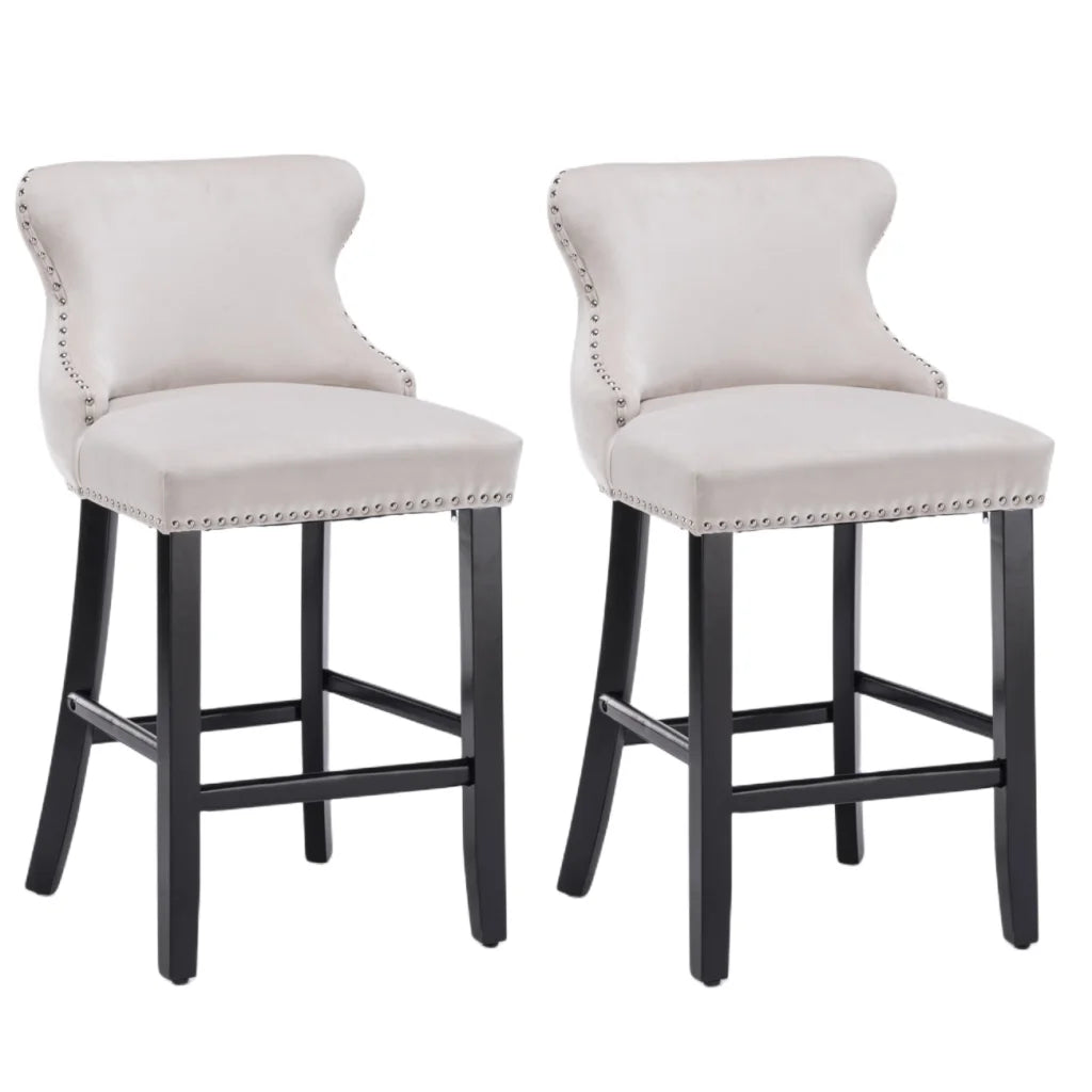 Bar Stools 4x Velvet Upholstered Button Tufted Wood Legs