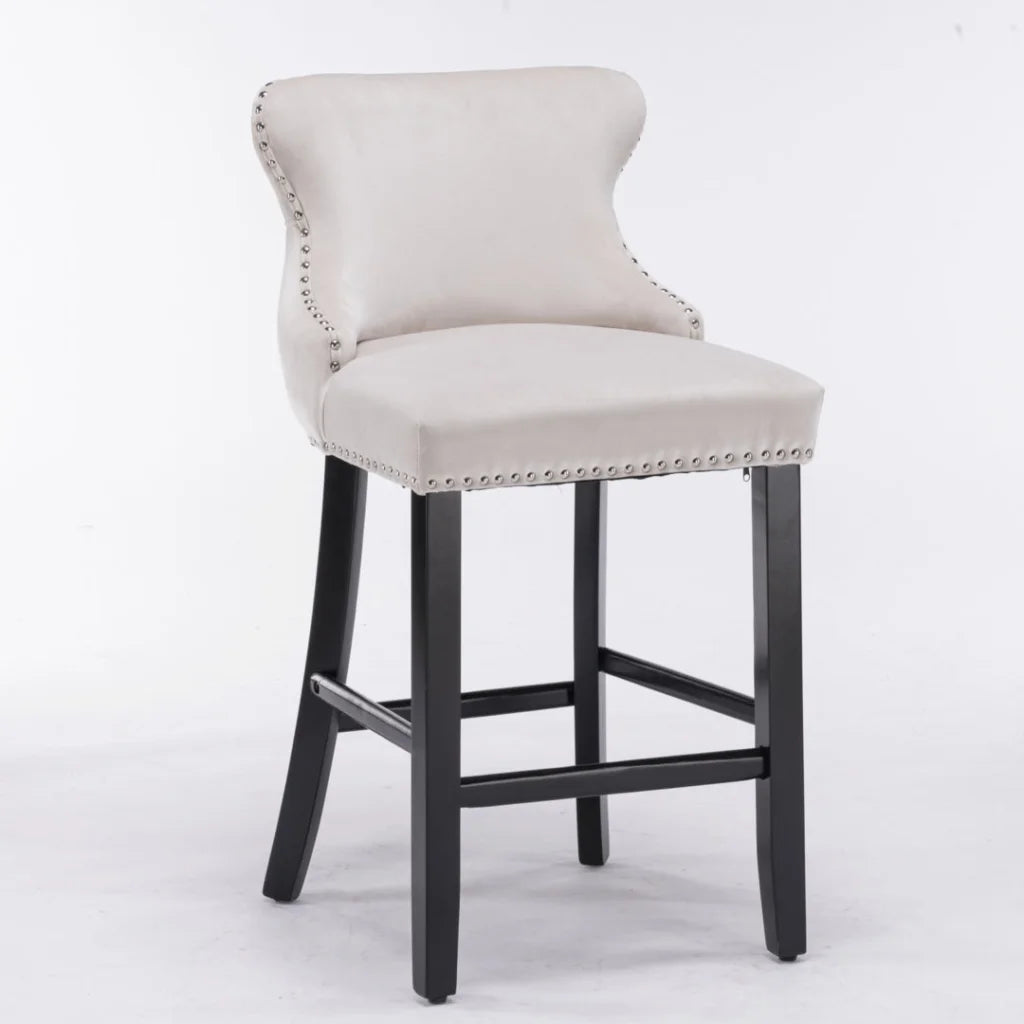Bar Stools 4x Velvet Upholstered Button Tufted Wood Legs