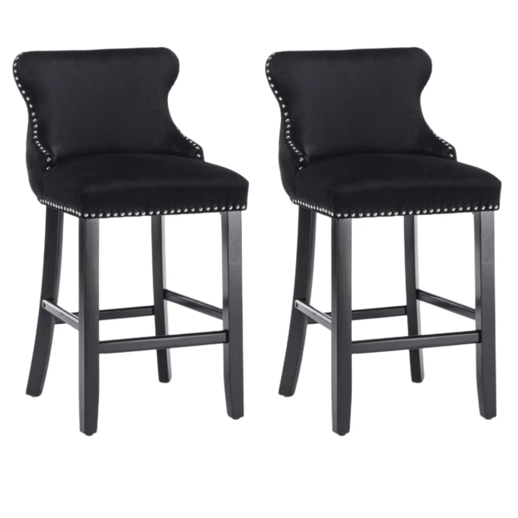 Black velvet bar stool set with shaped seat and supportive backrest