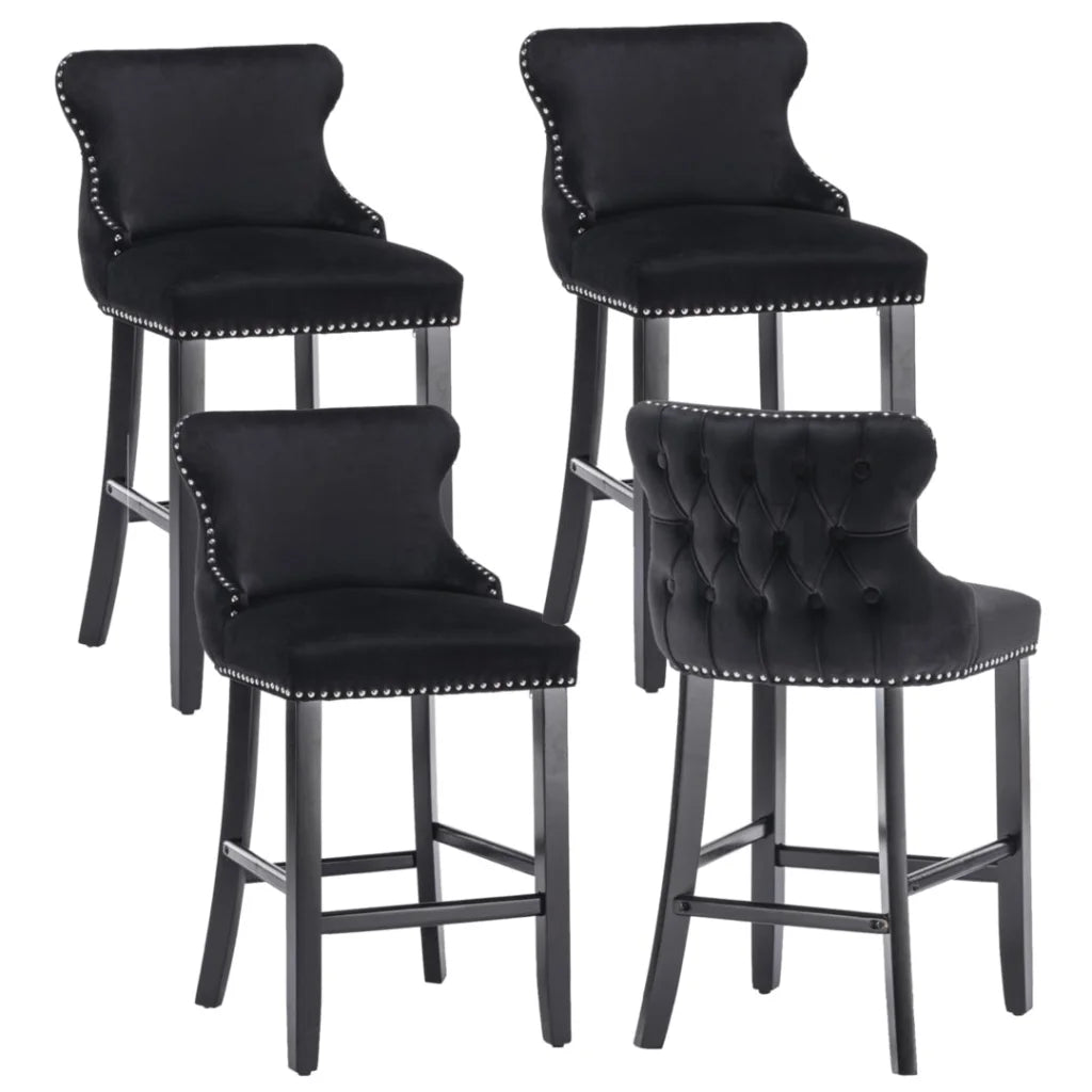 Black velvet bar stool set with woven seat and timber frame