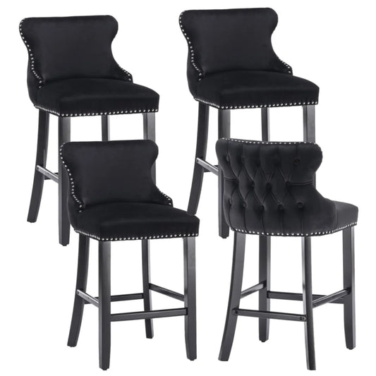 Black velvet bar stool set with woven seat and timber frame