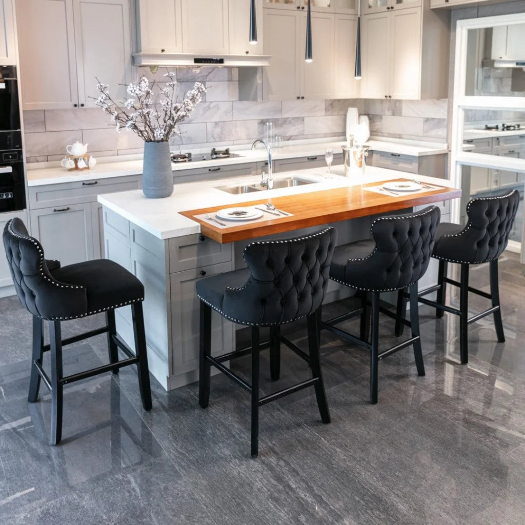 Bar Stools 4x Velvet Upholstered Button Tufted Wood Legs