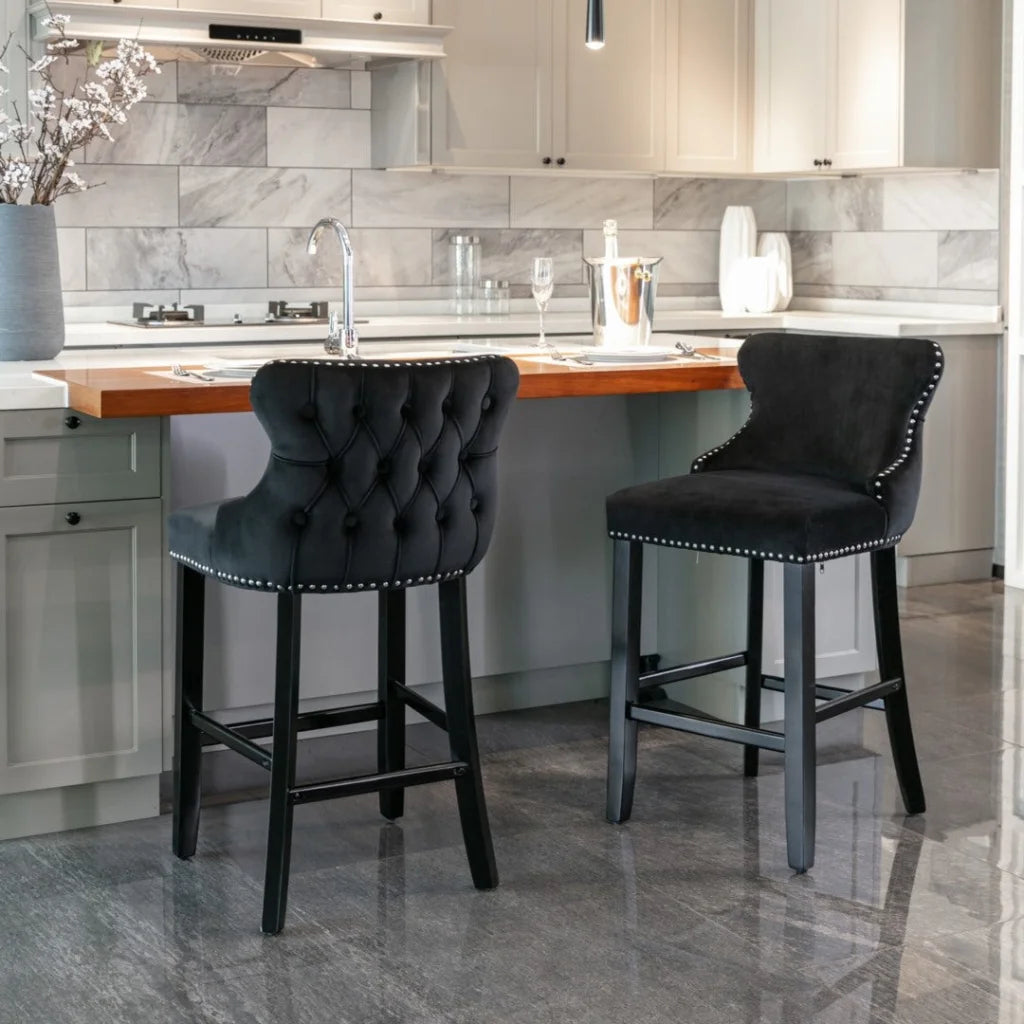 Bar Stools 4x Velvet Upholstered Button Tufted Wood Legs