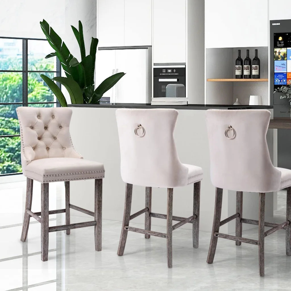 Bar Stools 4x Velvet Upholstered Tufted Dining Chairs Studs