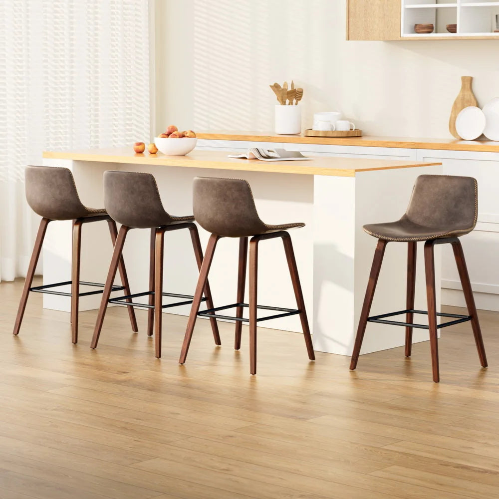 Bar Stools 4X Vintage Leather & Wooden Frame - Furniture
