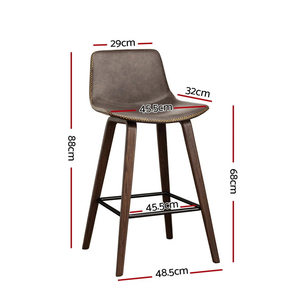 Bar Stools 4X Vintage Leather & Wooden Frame - Furniture