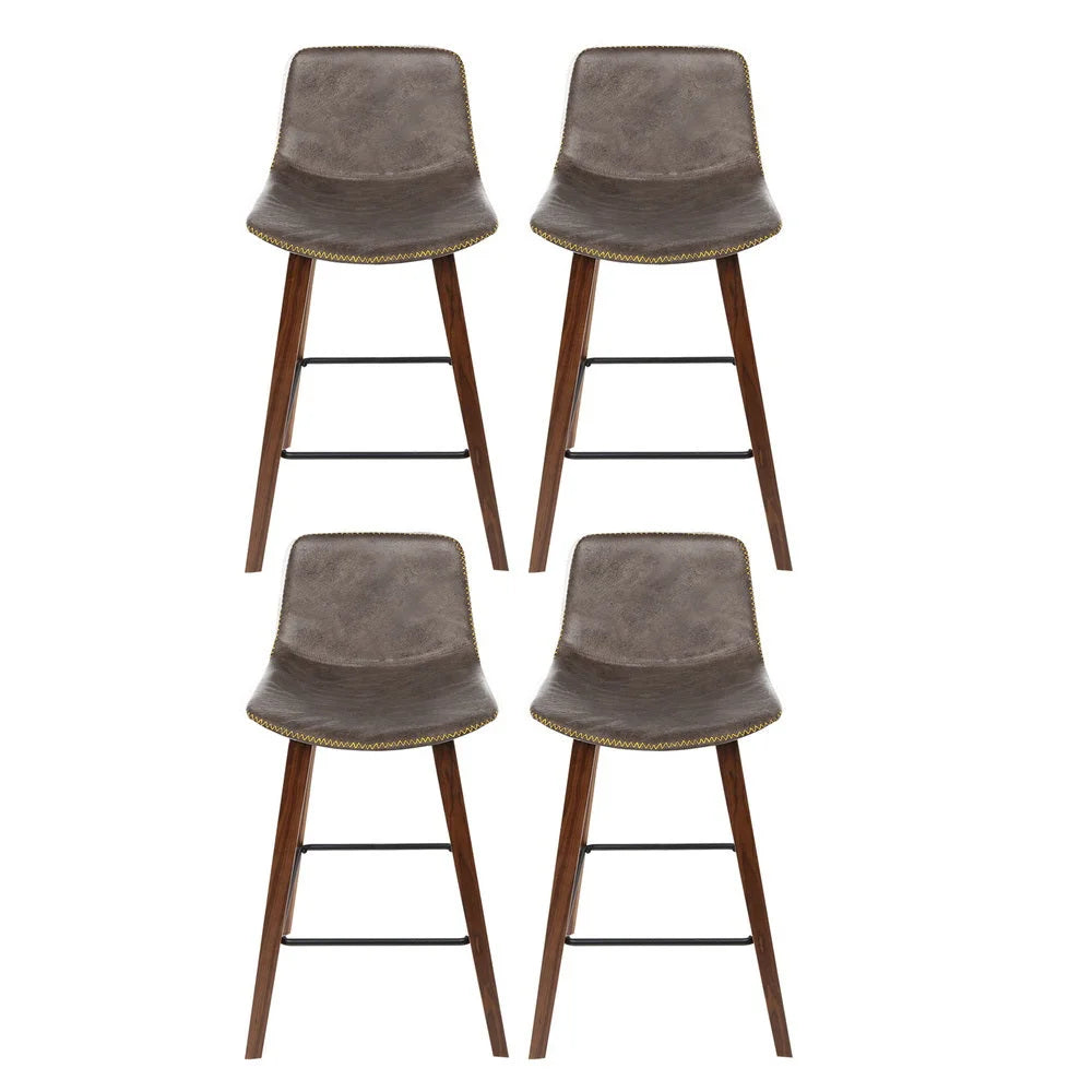 Bar Stools 4X Vintage Leather & Wooden Frame - Furniture