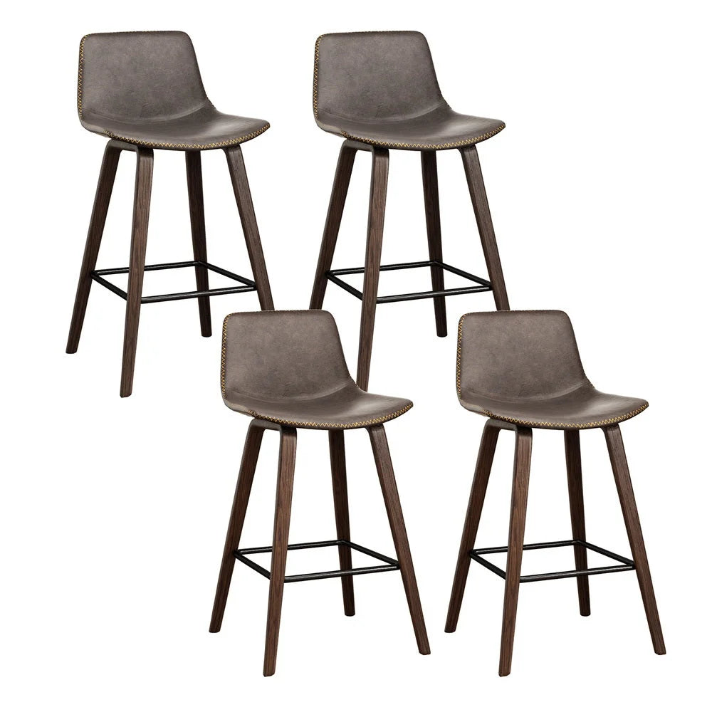 Bar Stools 4X Vintage Leather & Wooden Frame - Furniture