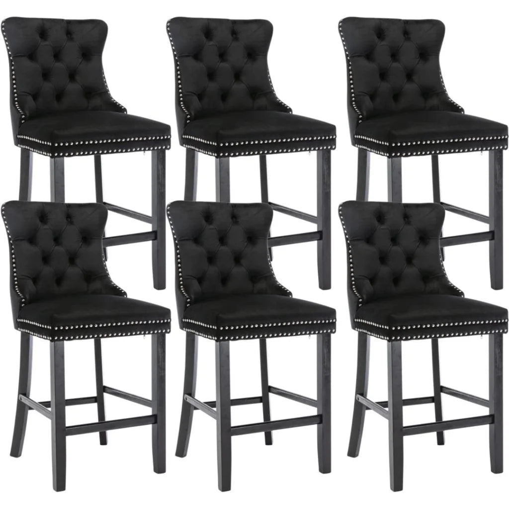 Bar Stools 6x Velvet Upholstered Tufted Dining Chairs Studs