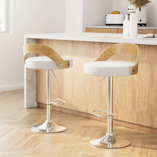 White leather wooden 2 bar stool with stools adjustable padded kitchen