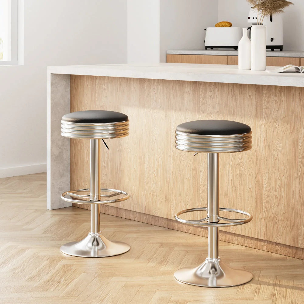 Bar Stools Set of 2 Backless PU Leather - Black and Chrome