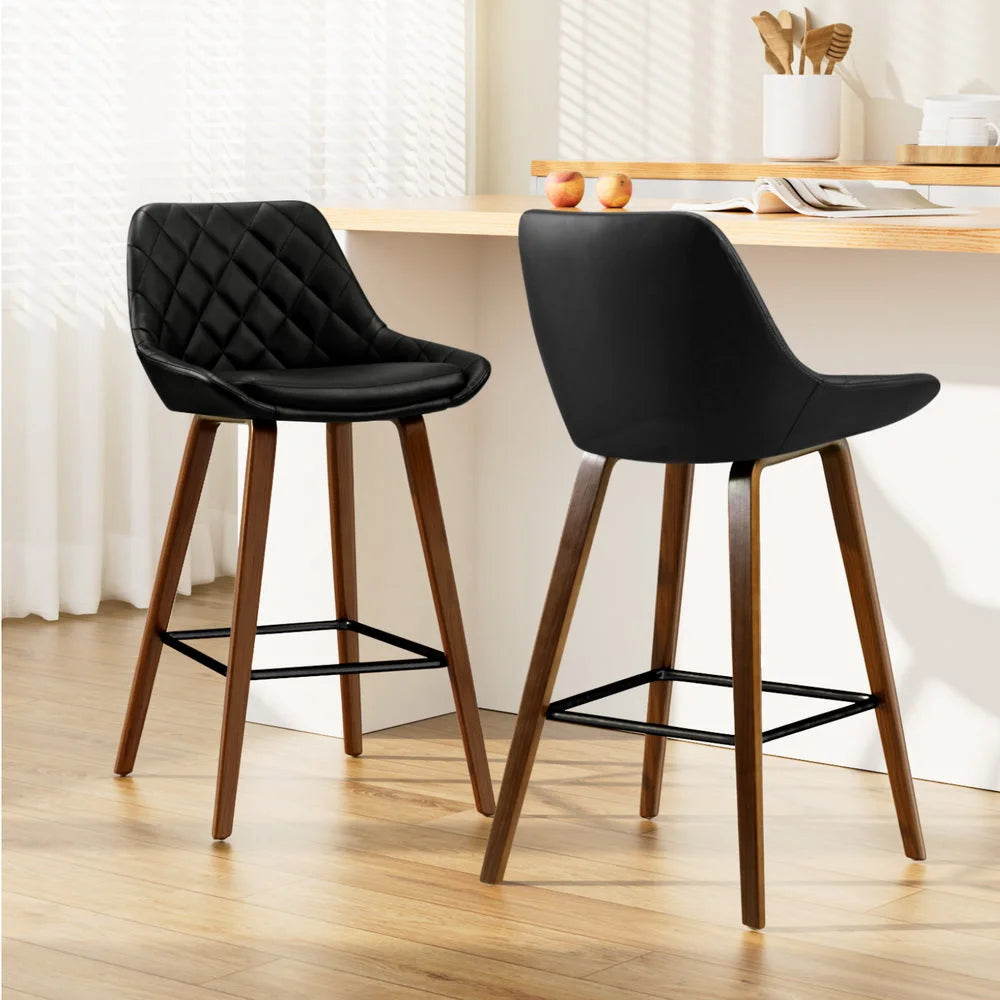 Bar Stools Set of 2 Bentwood PU Leather Diamond Pleat