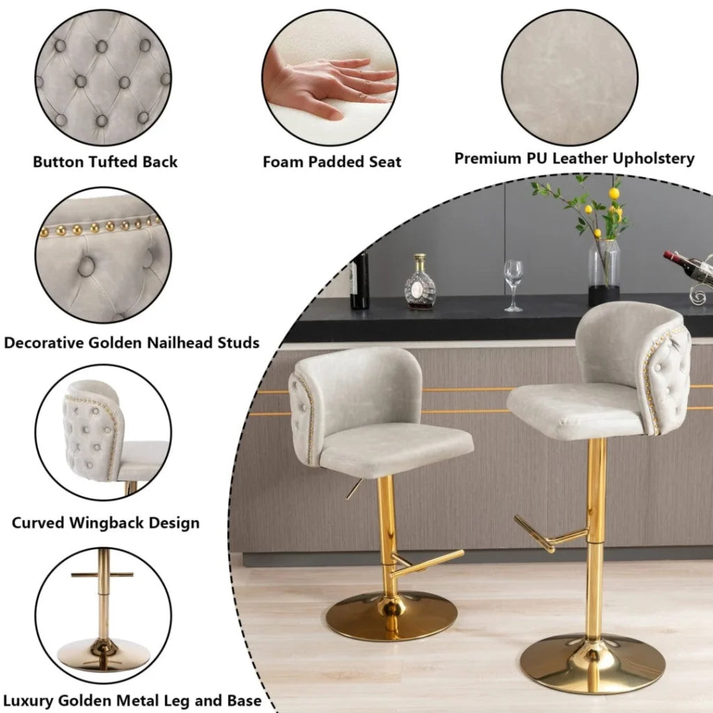 Bar Stools Set of 2 Faux Leather Golden Base Swivel - Beige