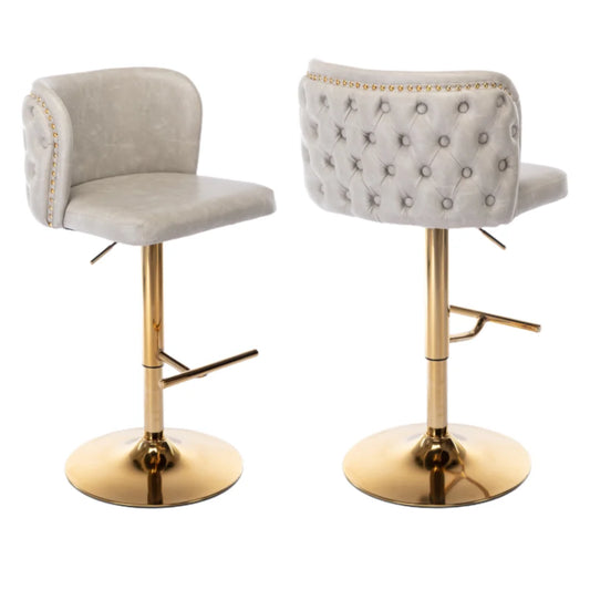 Bar Stools Set of 2 Faux Leather Golden Base Swivel - Beige