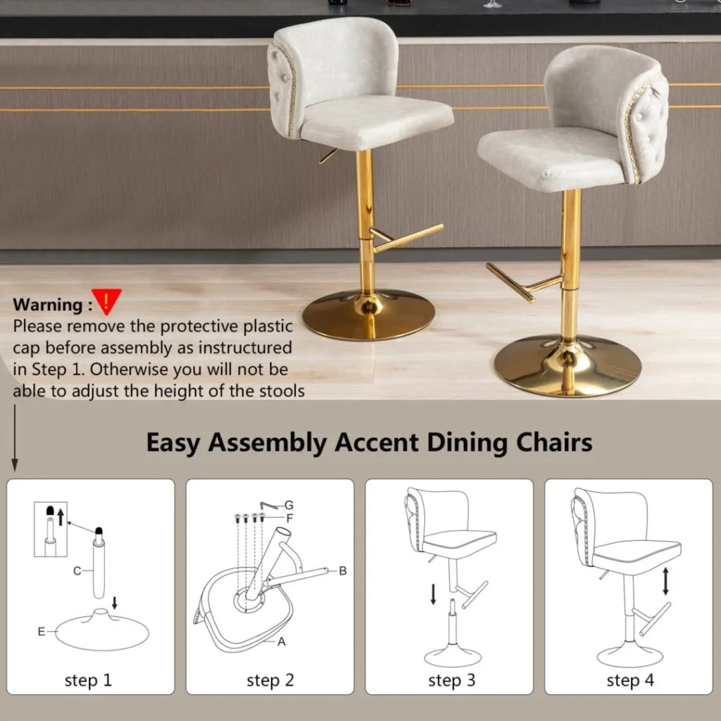 Bar Stools Set of 2 Faux Leather Golden Base Swivel - Beige