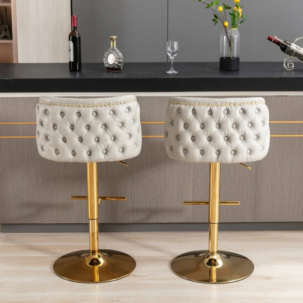Bar Stools Set of 2 Faux Leather Golden Base Swivel - Beige
