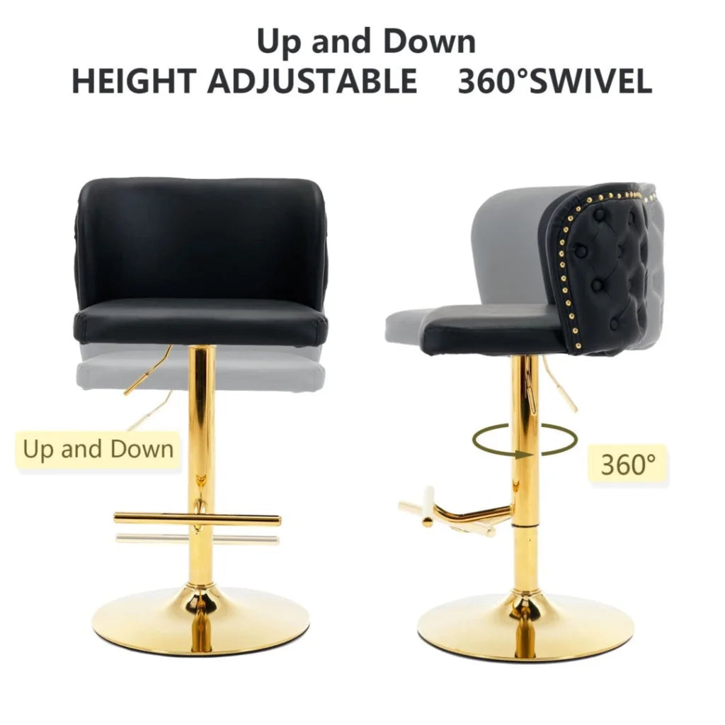 Bar Stools Set of 2 Faux Leather Golden Base Swivel - Black